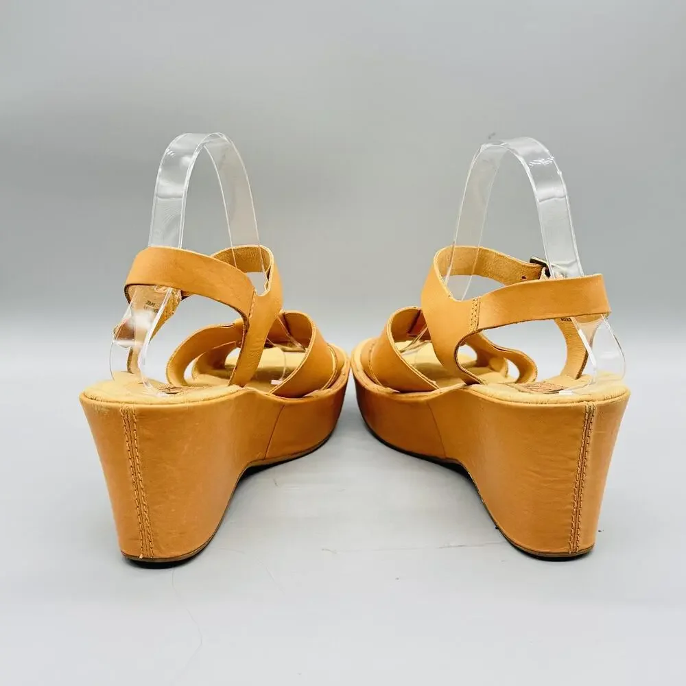 Korks Sandals Womens 10 Brown Leather Strappy Ankle Strap Platform Wedge Shoes